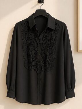 Zara Black Lace-Front Button Down Shirt